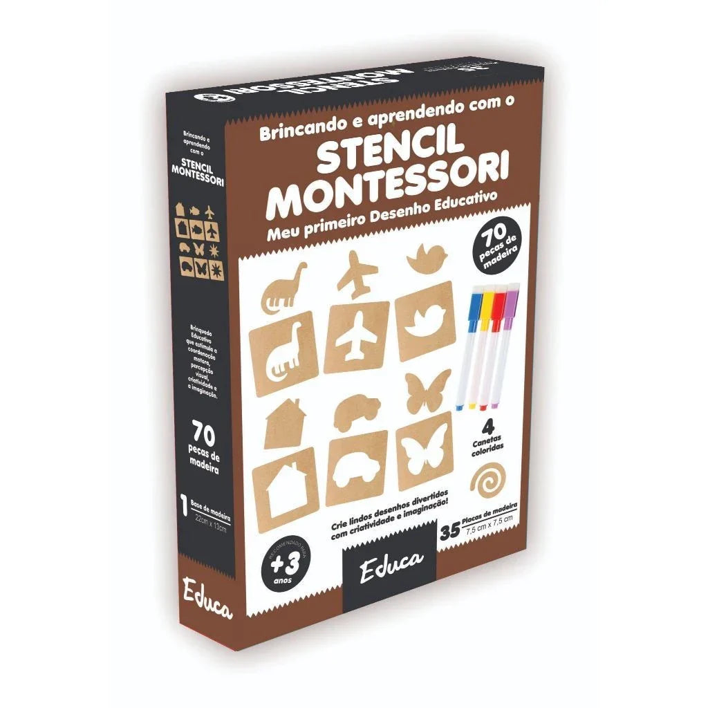 Stencil Montessori de Madeira para Desenho | 70 Peças + 4 Canetas Educativas para Crianças – Play Gump