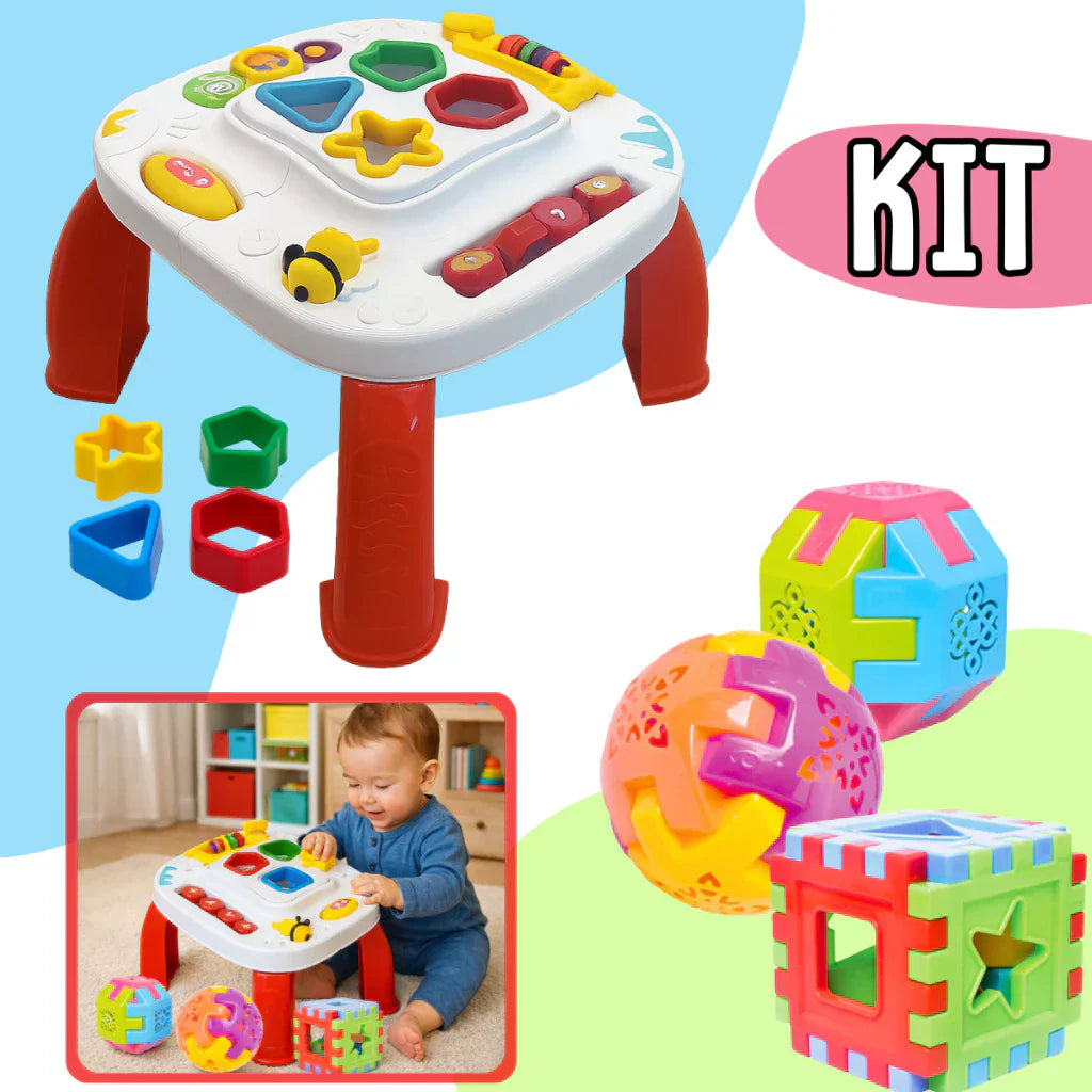 Kit Mesinha Educativa Infantil + 3 Cubos Didáticos | Brinquedo Interativo Sensorial para Bebês +12 Meses – Play Gump