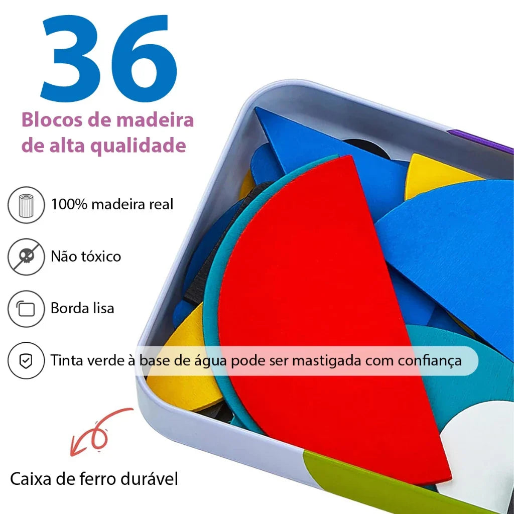 Quebra-Cabeça de Formas em Madeira Montessori | 36 Blocos + 60 Cartas Educativas 3+ – Play Gump