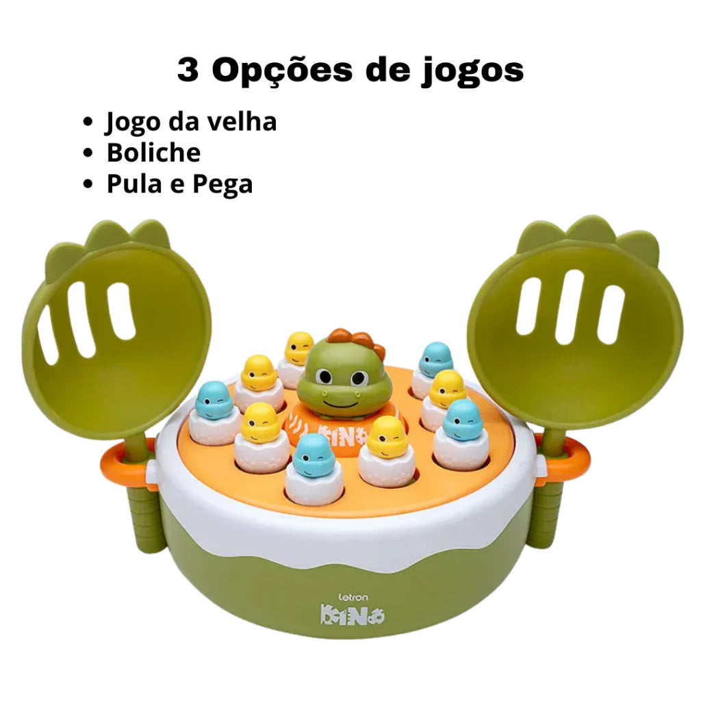 Jogo Dino 3 em 1 Interativo com Música – Boliche, Jogo da Velha e Pula & Pega | Play Gump
