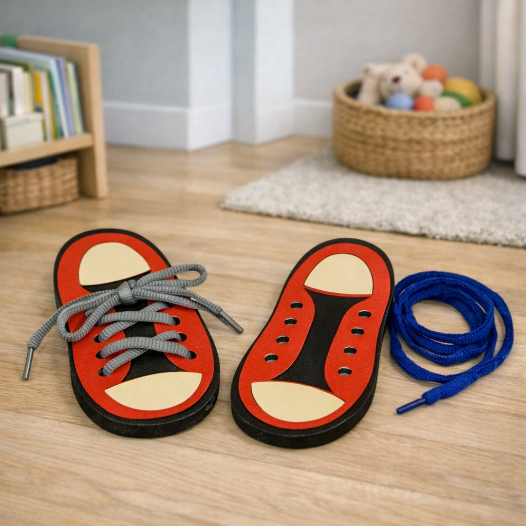 Tênis de Madeira para Alinhavo Montessori | Brinquedo Educativo para Coordenação Motora 3+ – Play Gump