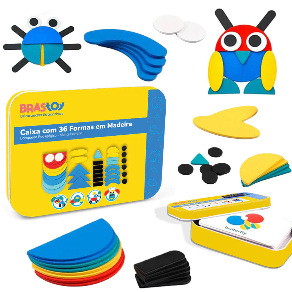 Quebra-Cabeça de Formas em Madeira Montessori | 36 Blocos + 60 Cartas Educativas 3+ – Play Gump