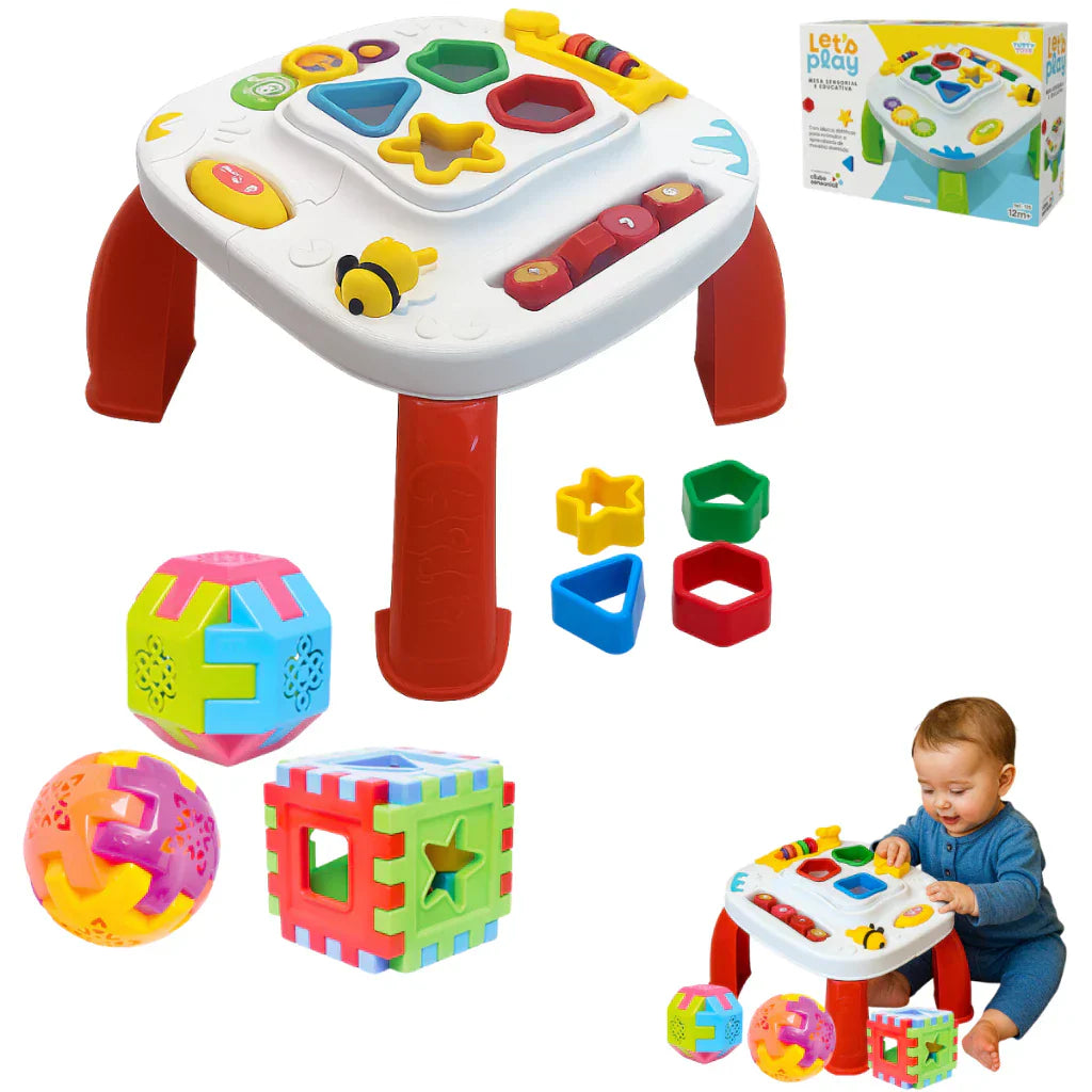 Kit Mesinha Educativa Infantil + 3 Cubos Didáticos | Brinquedo Interativo Sensorial para Bebês +12 Meses – Play Gump