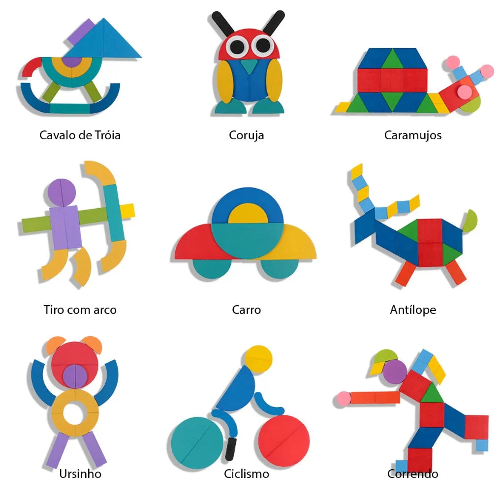 Quebra-Cabeça de Formas em Madeira Montessori | 36 Blocos + 60 Cartas Educativas 3+ – Play Gump