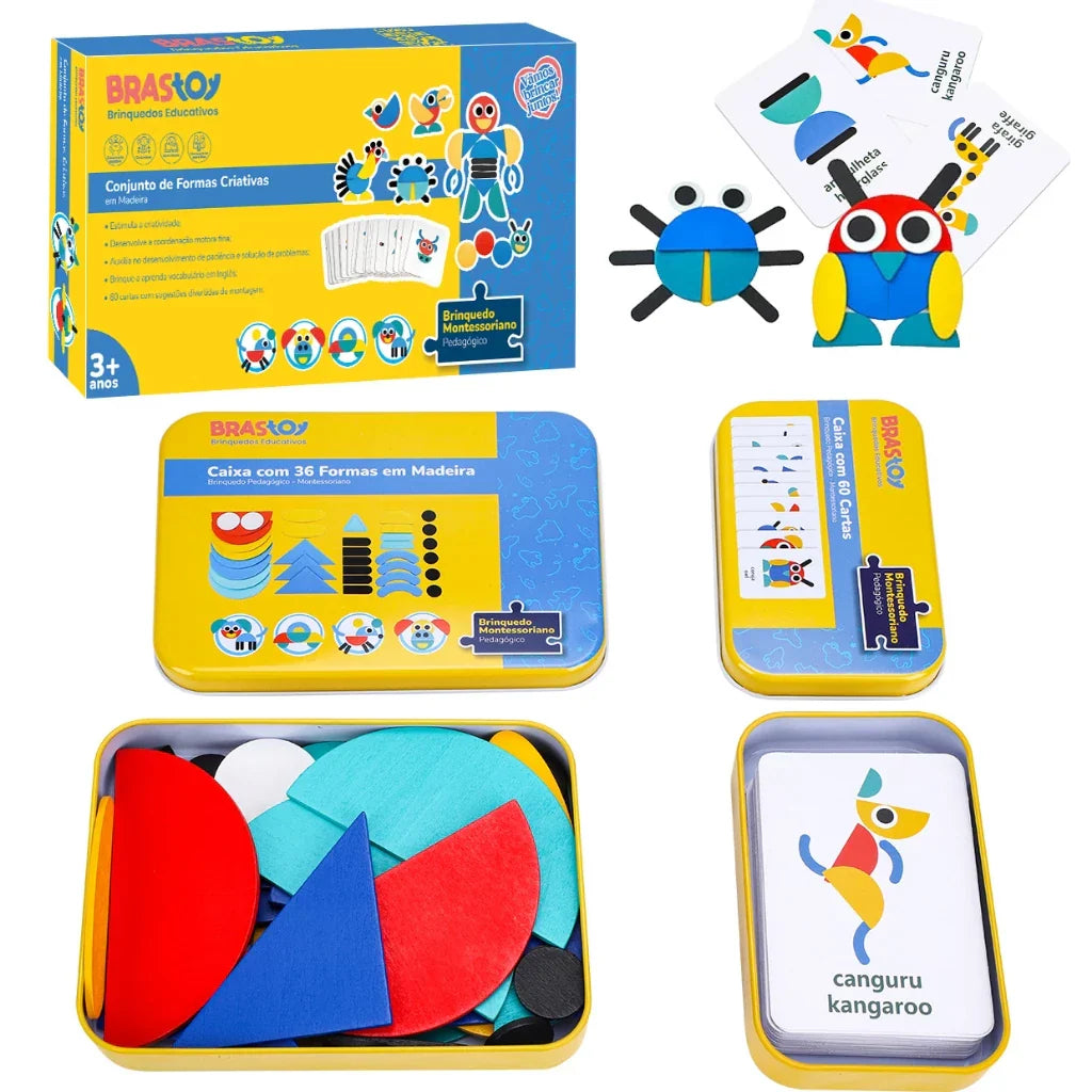 Quebra-Cabeça de Formas em Madeira Montessori | 36 Blocos + 60 Cartas Educativas 3+ – Play Gump