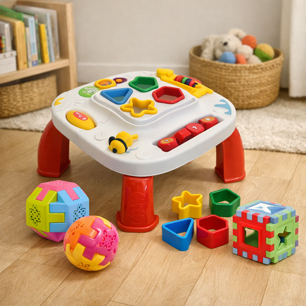 Kit Mesinha Educativa Infantil + 3 Cubos Didáticos | Brinquedo Interativo Sensorial para Bebês +12 Meses – Play Gump