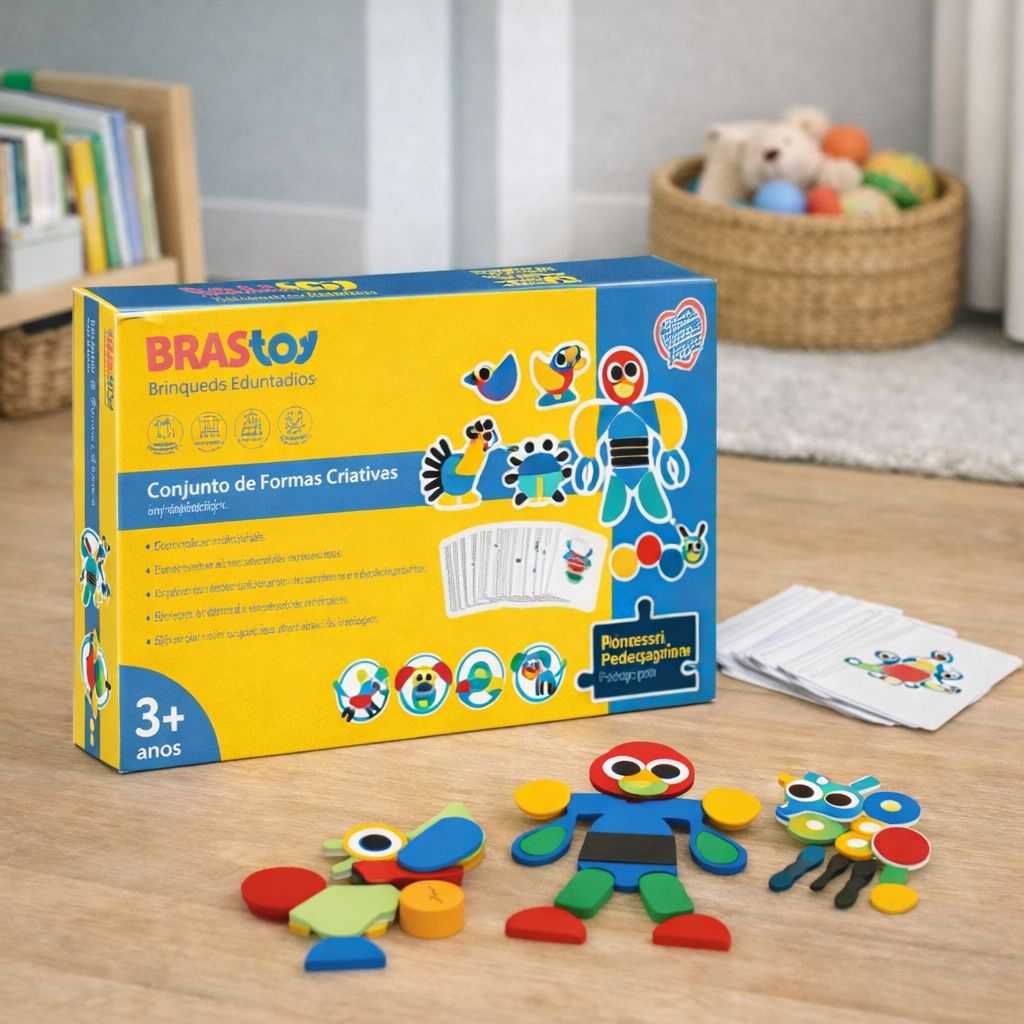 Quebra-Cabeça de Formas em Madeira Montessori | 36 Blocos + 60 Cartas Educativas 3+ – Play Gump