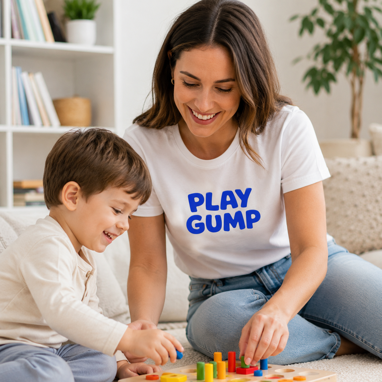 Mãe brincando com o filho com brinquedos educativos Play Gump